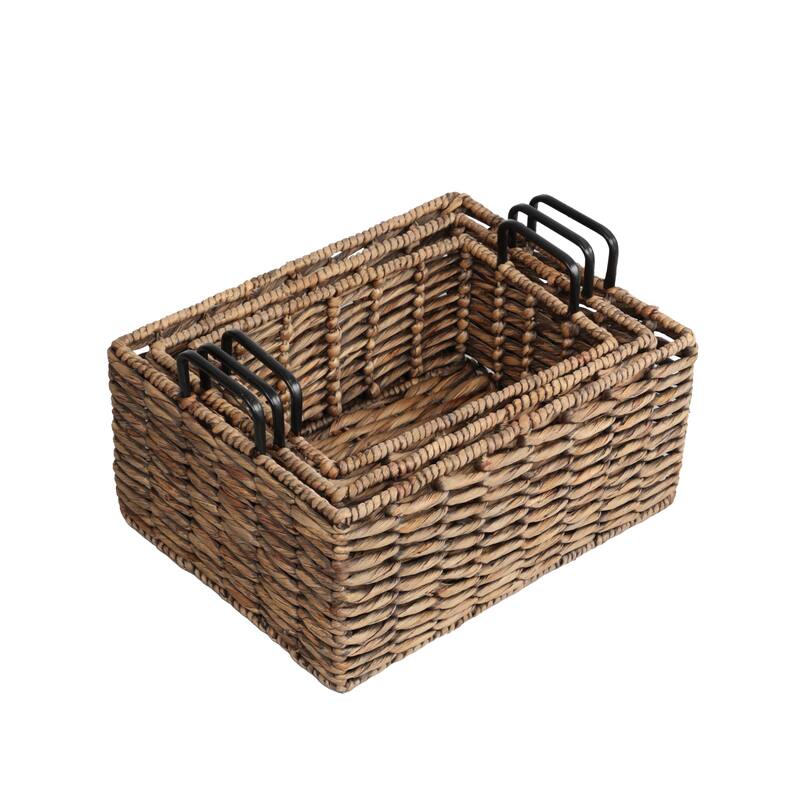 Savoy Handwoven Water Hyacinth Nesting Storage Baskets, Metal Handles (Set of 3)