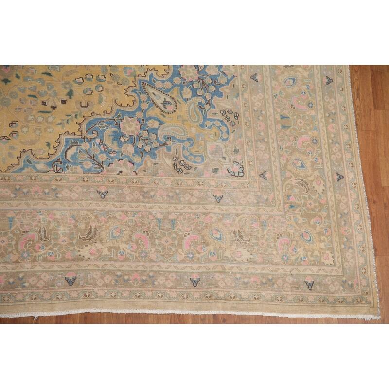Hand Knotted Oriental 100% Wool Carpet Traditional Floral Yellow & Gold Mashad Area Rug - 12' 6'' X 9' 7''