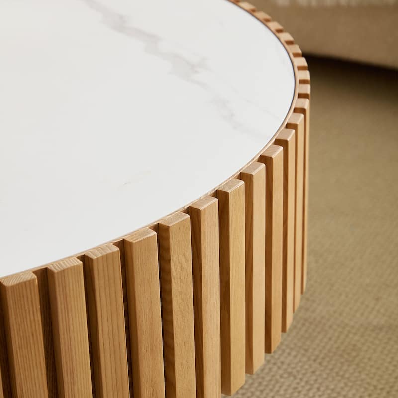 Luxury Round Coffee Table with Faux Marble Top, 35.43" Modern Low Drum Shape Cocktail Table for Living Room, Reception Room