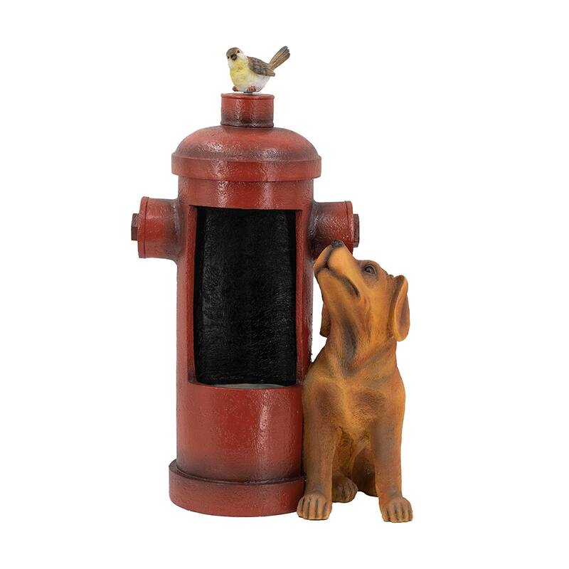 16.2x11x26.8" Red Fire Hydrant Water Fountain with Dog and Bird Accents, Outdoor Fountian with Light and Pump - Multi