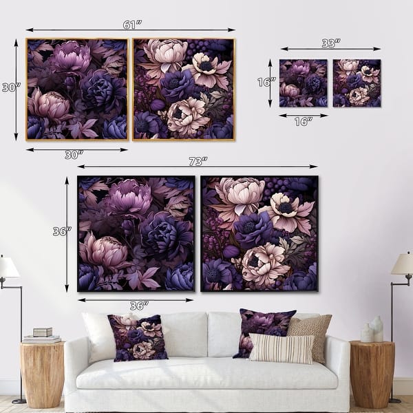 Designart "Gothic Botanicals Moody Patterns" Floral Framed Art Set Of 2 - Traditional Purple Wall Art Set 2 Pieces