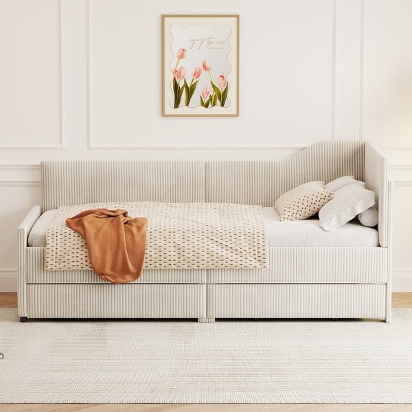 slide 2 of 30, Twin Stripe L-shaped Semi-enclosed Daybed wStorage Drawers, Corduroy Upholstered Daybed, Wood Slat Support, No Spring Box Need Beige - Twin