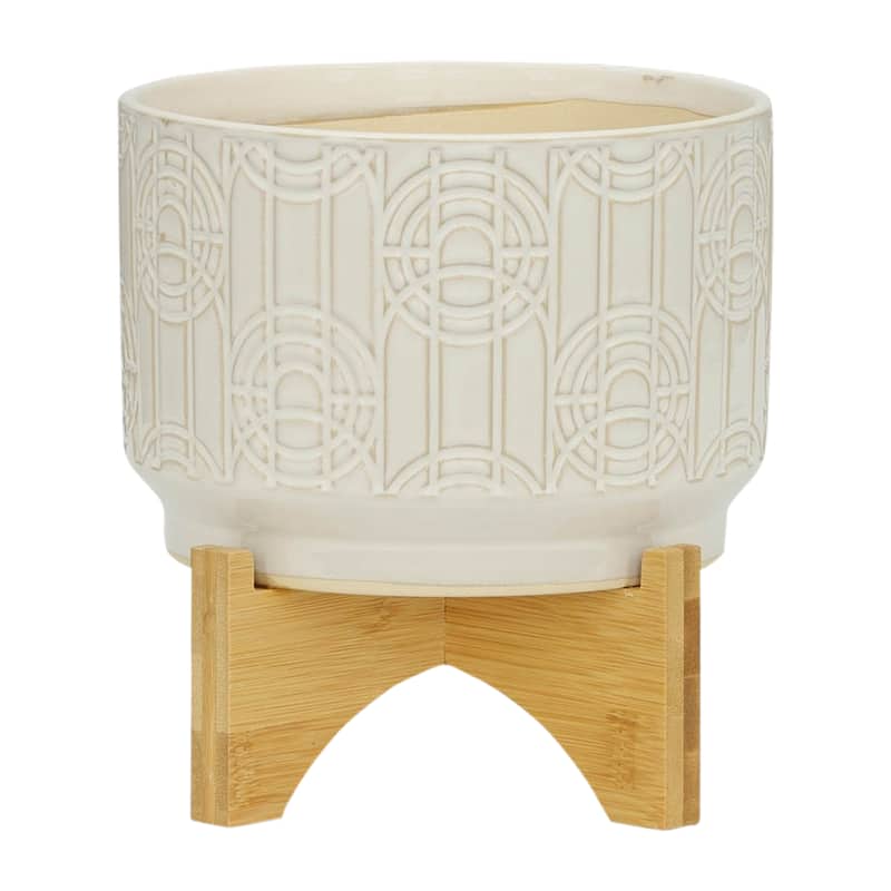 Off-white Etched Design Ceramic Planter with Natural Wood Stand - White