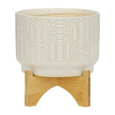 Off-white Etched Design Ceramic Planter with Natural Wood Stand