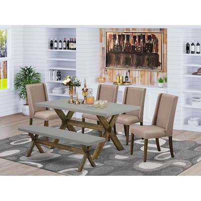 HomeStock 6-Pc Rectangle Natural Oak Finish Solid Wood Top Dining Table with 1-Bench, 4-Chairs