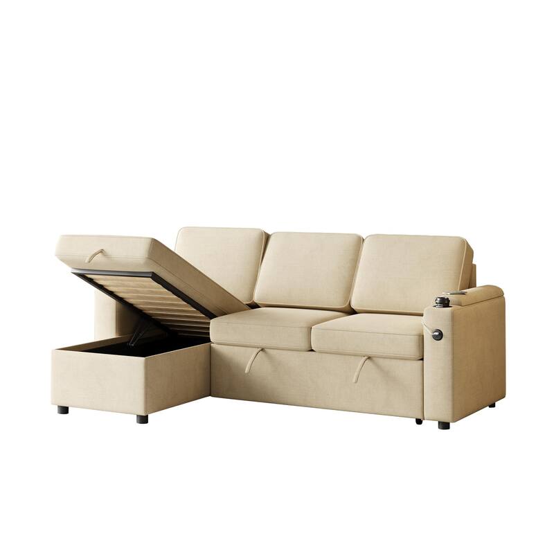 85.8-Inch Sleeper Sofa with Storage,L Shaped Sofa with Pull Out Bed and Charging Port 