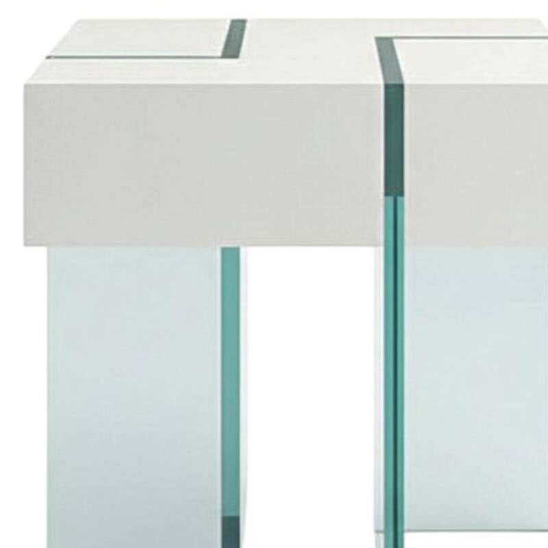 HomeRoots 22" White And Clear Wood And Glass Square Sled End Table - 22.00 in. x 22.00 in. x 22.00 in.