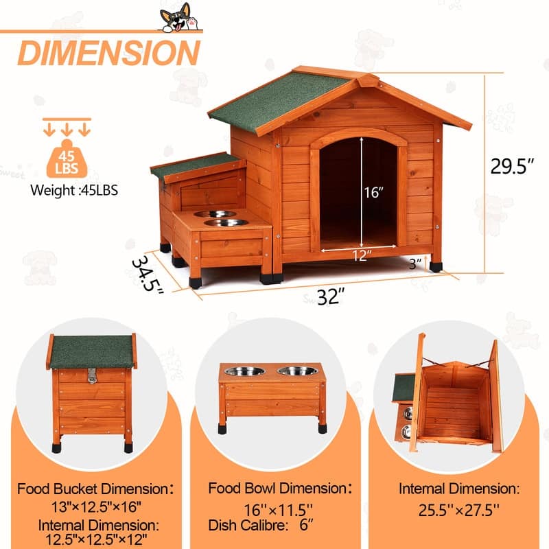 Wood Dog/Cat House With Asphalt Roof Food Bowl