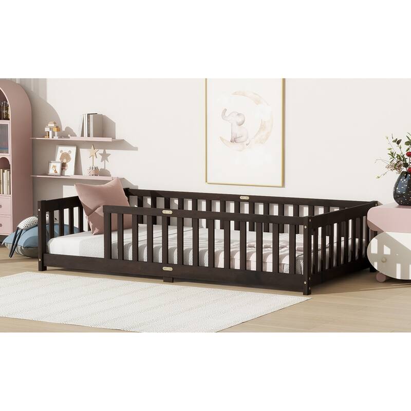 Roomfitters Twin Rubber Wood Floor Bed with Fence, Safety Guardrails, Low Profile Platform Design