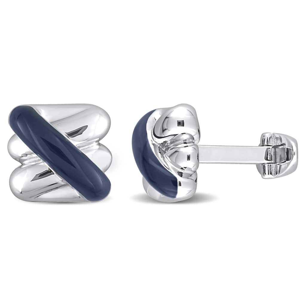 Miadora Crossover Design Blue Enamel Cufflinks in Sterling Silver