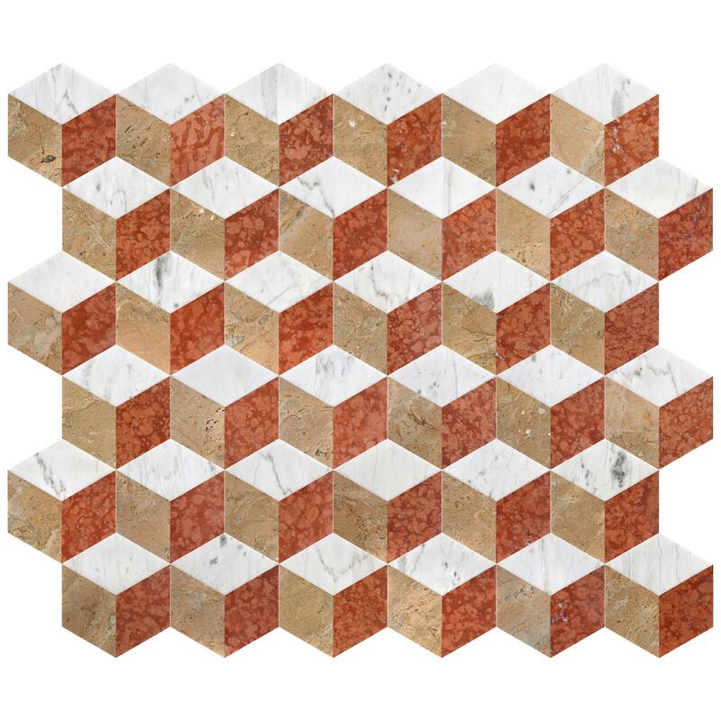 Roomfitters Hexagon Waterjet Marble Tile for Wall and Floor, Polished Natural Stone Mosaic, 12-Piece Box, White Gold Red
