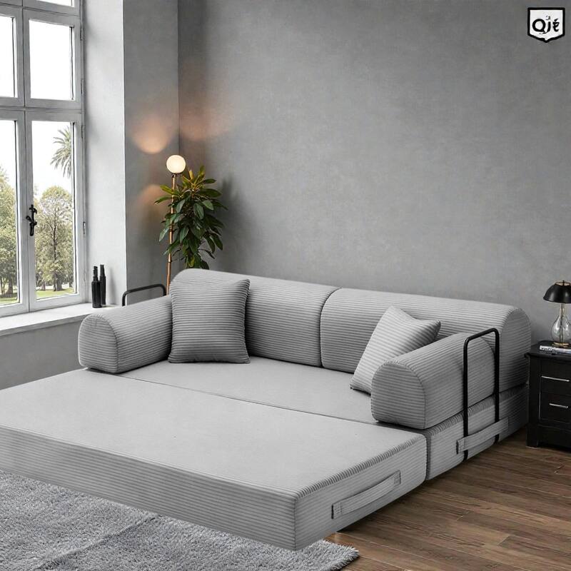 Convertible Sleeper Sofa Bed, 4-in-1 Corduroy Folding Floor Couch with Cylindrical Pillow, 2-Seat Space-Saving Lounge Sofa
