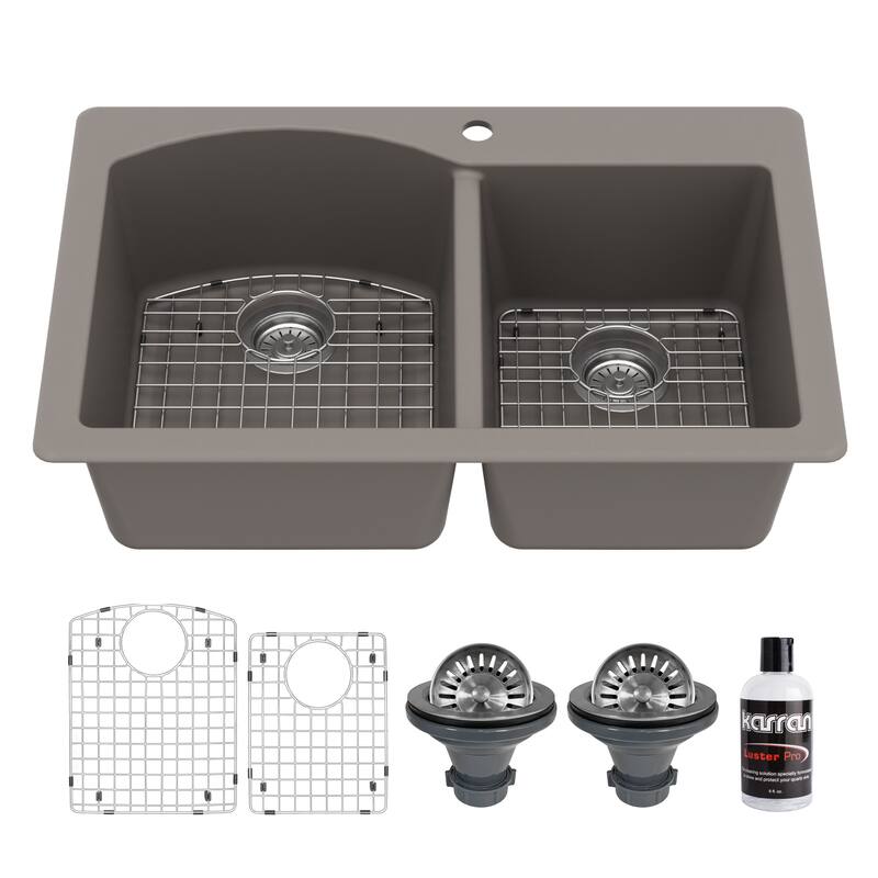 Karran Drop-In Quartz 33 in. 1-Hole 60/40 Double Bowl Kitchen Sink Kit - Concrete