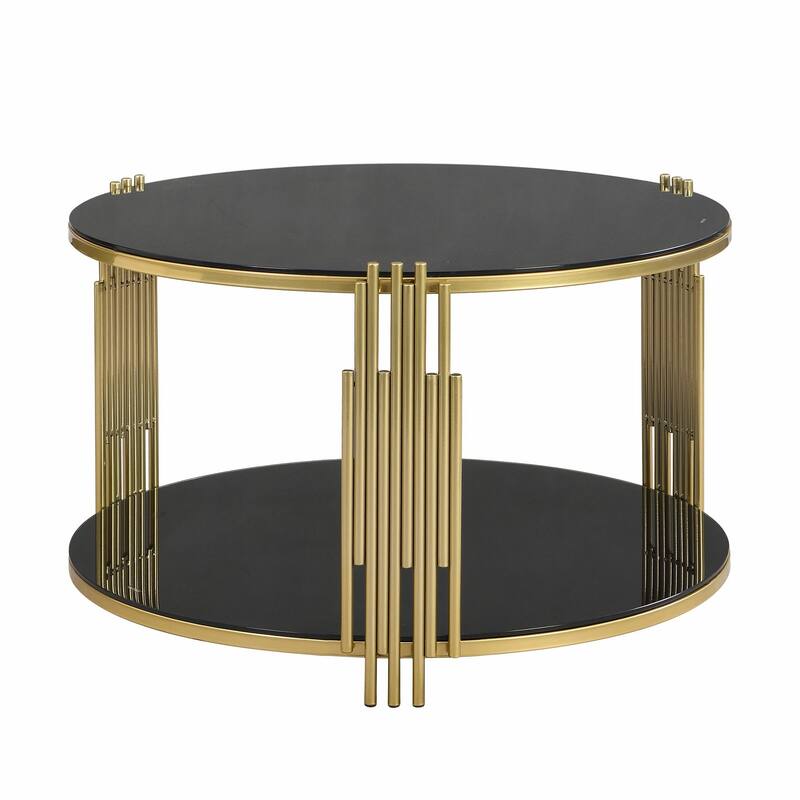 Modern Black Mirror Coffee Table with Asymmetrical Metal Base, Circular Drum Base and Lower Shelf