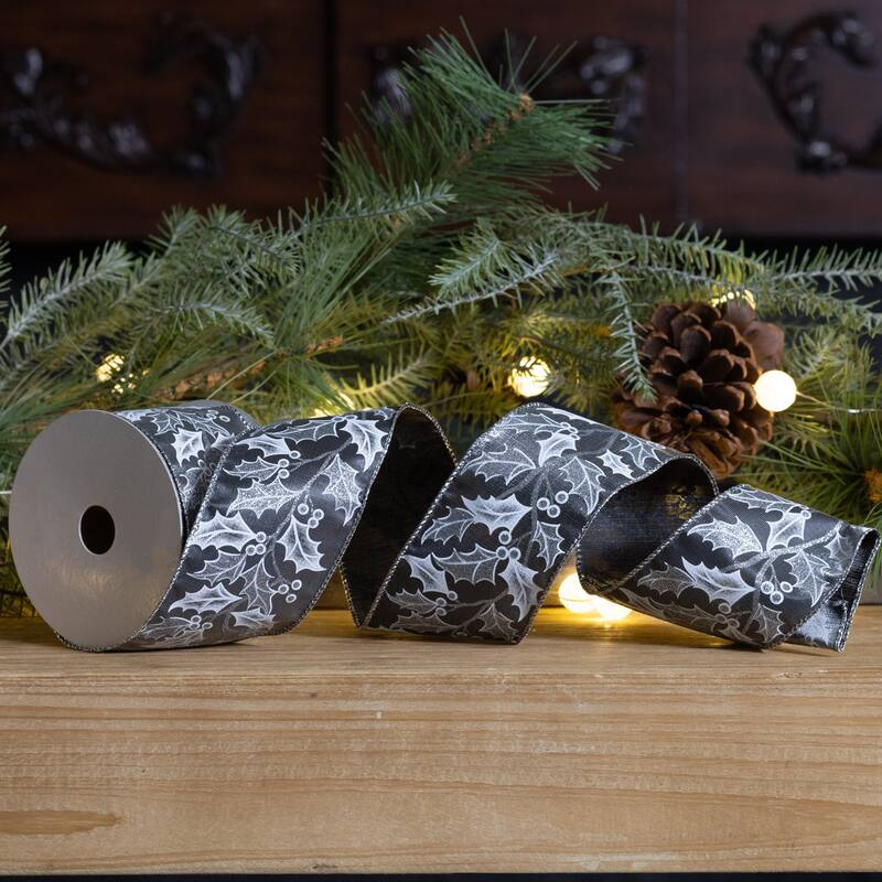 Holly Berry Christmas Wired Craft Ribbon - 2.5" x 20 Yards - Gray and Silver