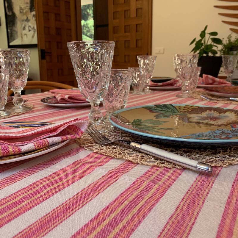 Hilana Upcycled Cotton Andana Striped Tablecloth Set Magenta