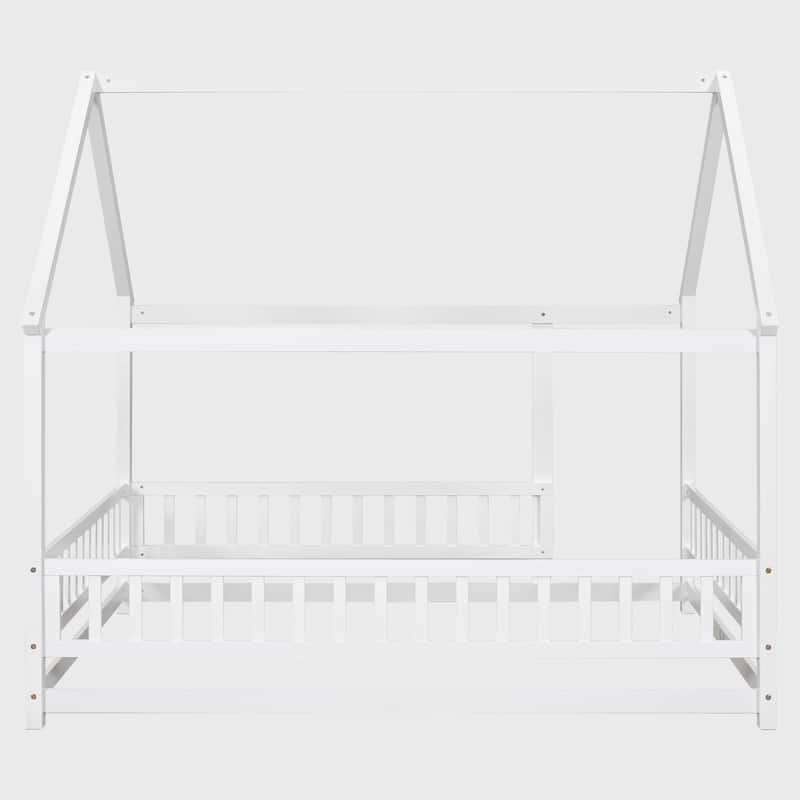 Full Size Floor Wooden Bed with House Roof Frame