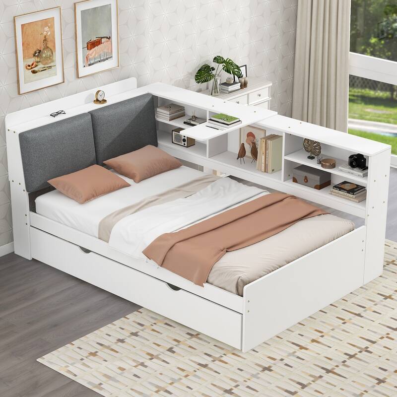 Twin Size Platform Bed with Trundle, Storage Shelves, Headboard with Upholstery, and Space-Saving Rotating Board