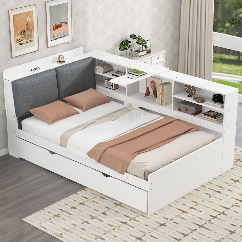 Twin Size Wood Platform Bed with Trundle, Shelves and Storage Headboard, White