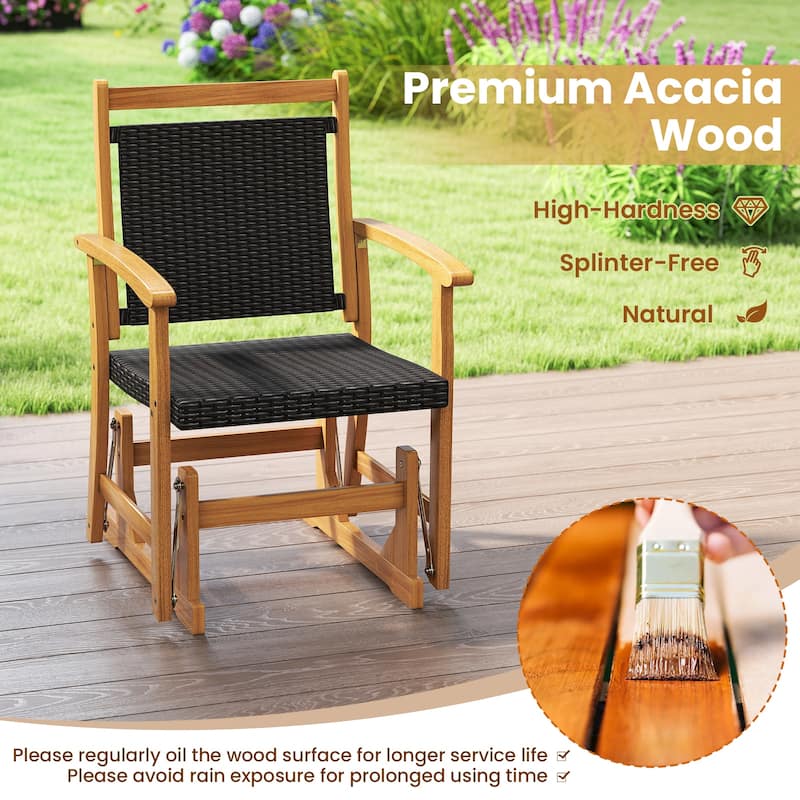 PE Rattan Glider Chair for Outdoor Patio Acacia Wood Rocker with Armrests and Contoured Seat - 27.5" x 24" x 38" (L x W x H)