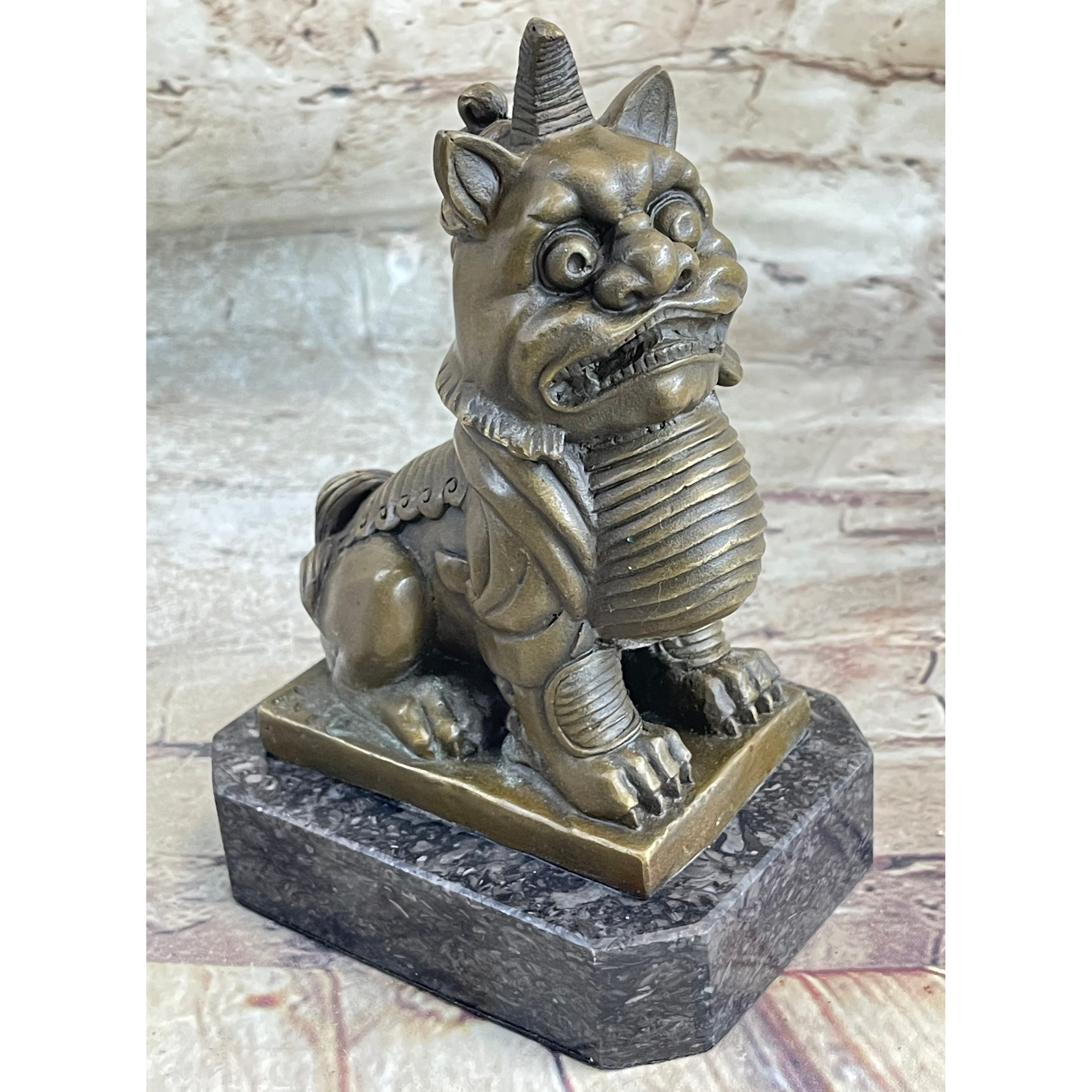 Chinese Foo Dog Guardian Lion Bronze Statue Sculpture Figure Marble Base 7.5 Inches X 5 Inches