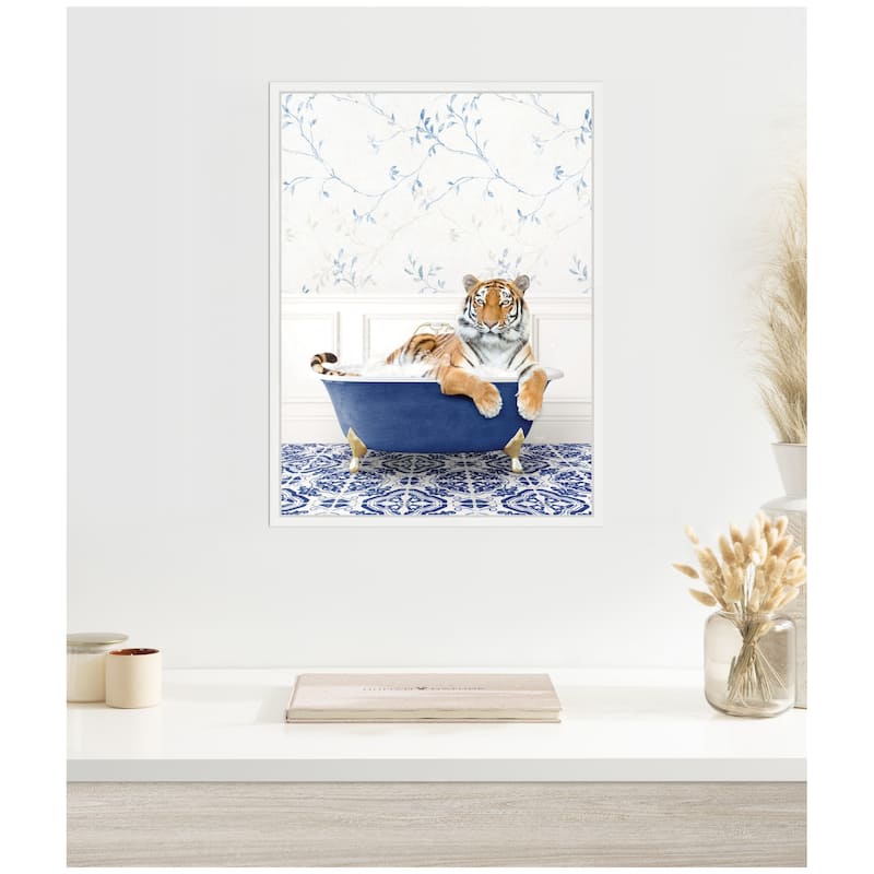 Kate and Laurel Sylvie Tiger in Eclectic Blue Bathtub Framed Canvas by Amy Peterson