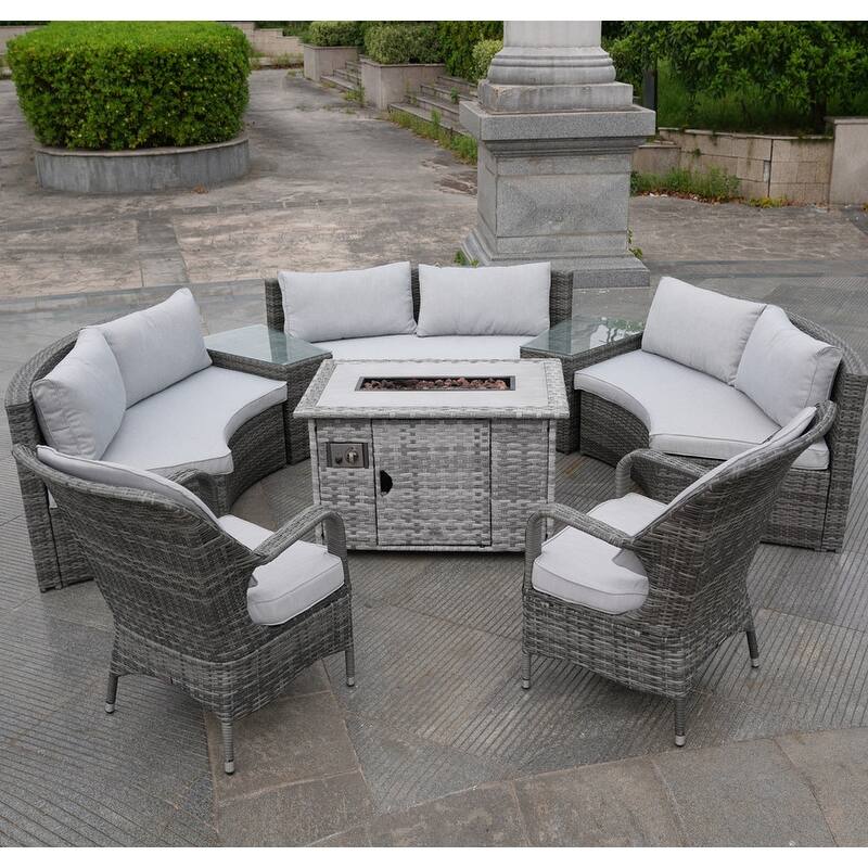 Patio Wicker Halfmoon Shape Sectional Sofa with Firepit and Chairs - High table