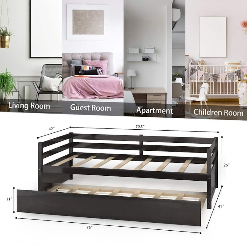 Costway Twin Size Trundle Daybed Wooden Slat Support Mattress Platform