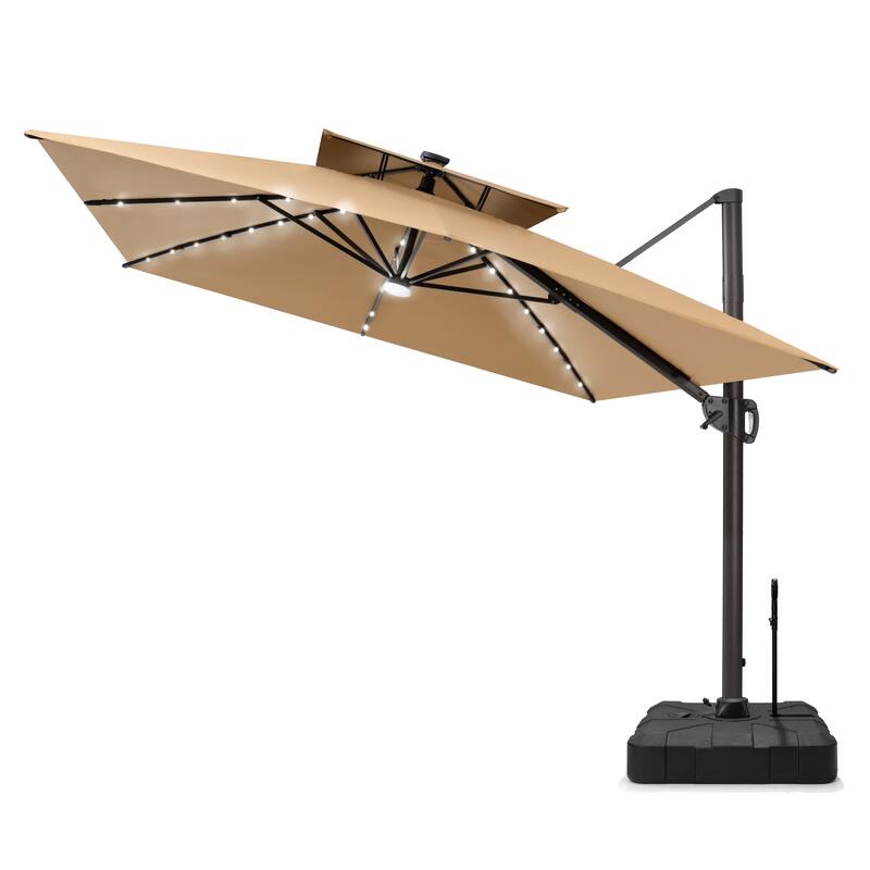 12 x 9 FT Outdoor Patio Cantilever Umbrella with Solar Lights Double Canopy 360 Rotation Tilt with Rod Wheel Base