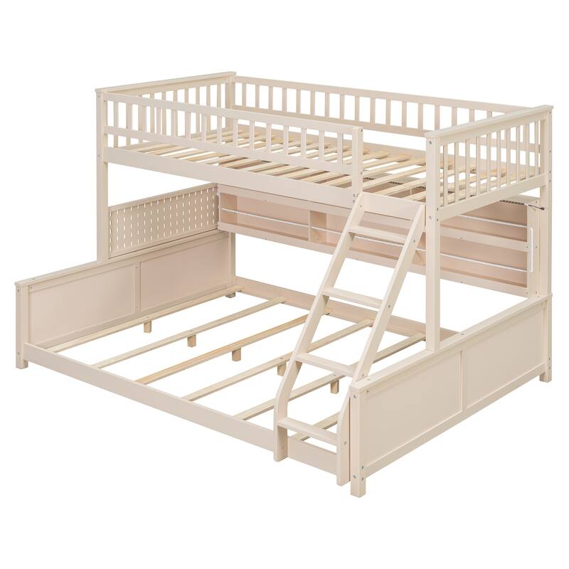 Kids Bunk Bed Frame with Integrated Shelving, Light Strip and Pegboard, Convertible into Floor Platform Bed and Low Loft Bed