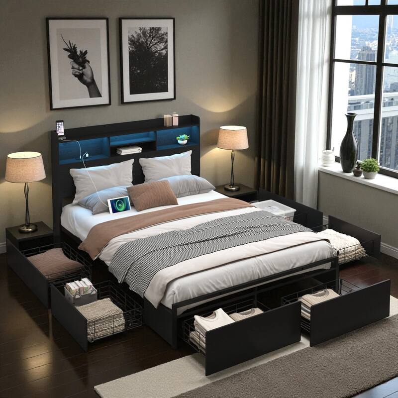 Bed Frame with 6 Storage Drawers, LED Headboard Shelf, Fast Charging Station, Heavy Duty Metal Platform No Box Spring Needed - Black - Queen
