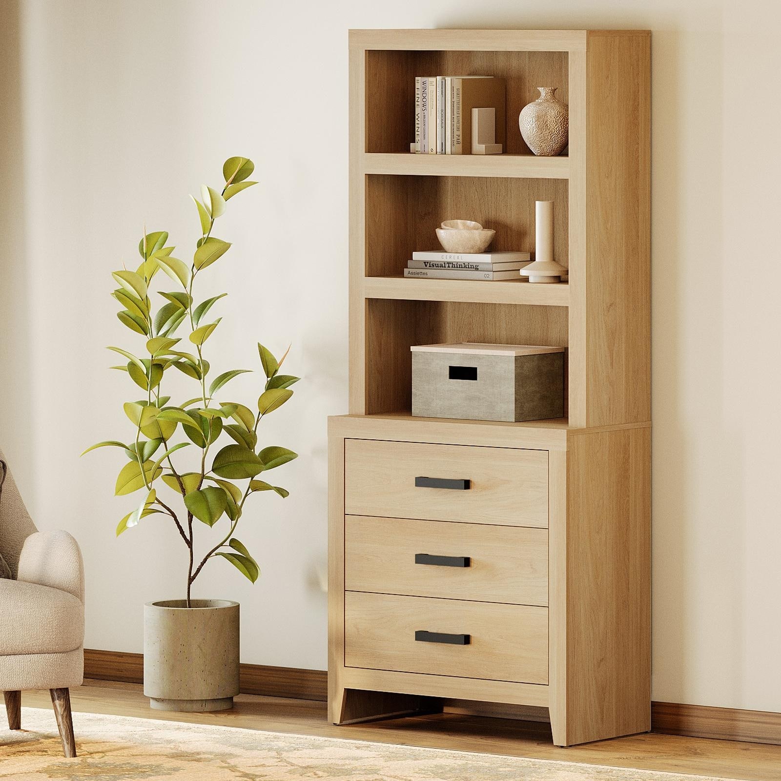 3-Tier Bookshelf with 3 Large Drawers, 74" Tall Farmhouse Bookcase with Wide Metal Handles, for Living Room, Office, Library