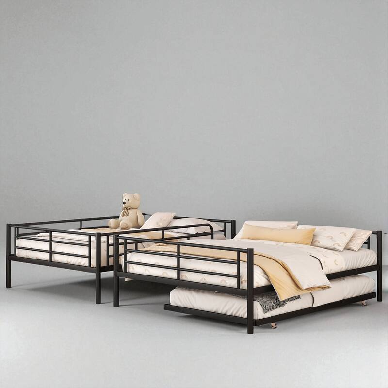 Full Over Full / Full XL Over Queen Metal Bunk Bed with Trundle, Convertible Design and Guardrails
