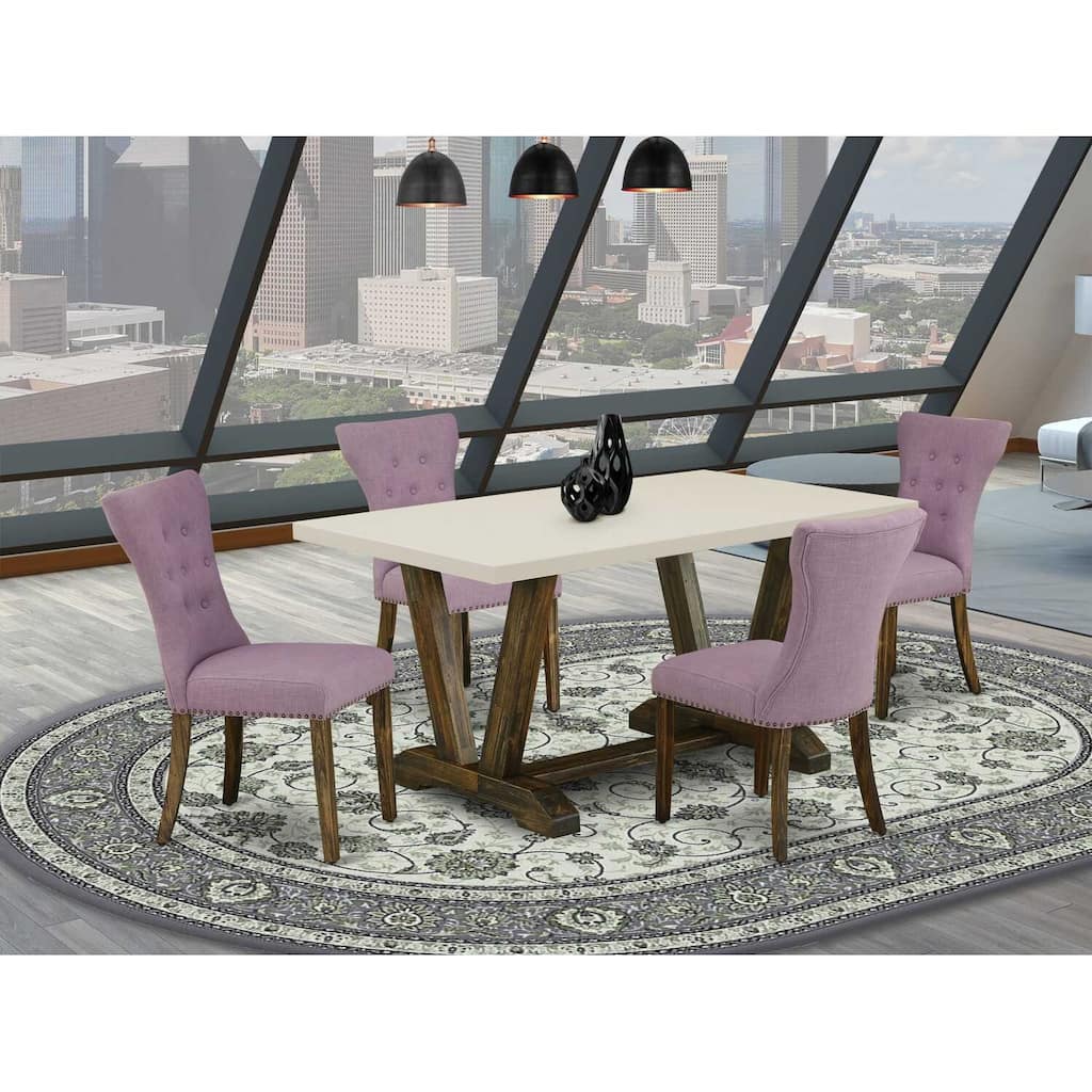 HomeStock 5-Piece Rectangle Distressed Jacobean Finish Solid Wood Top Dining Table with 4-Upholstered Chairs