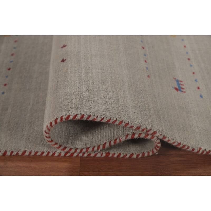Tribal Gabbeh Area Rug Hand-Knotted Grey Wool Carpet - 7'11"x 9'7"