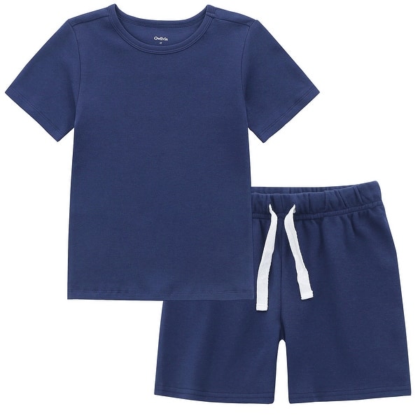 slide 1 of 1, 100% Organic Cotton Toddler Summer 2 Piece short sleeve Pajama Set - Navy 12-24 Months