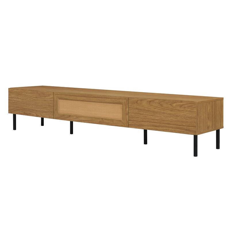 Boho TV Stand for TVs up to 80'', Rattan TV Stand with 3 Pull-Down Cabinets, Entertainment Center with Metal Legs, Media Console
