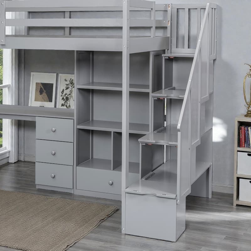 Twin Loft Bed with L Shaped Desk, Storage Stairs, Drawers and Cabinet, Space Saving Wood Loft Bed