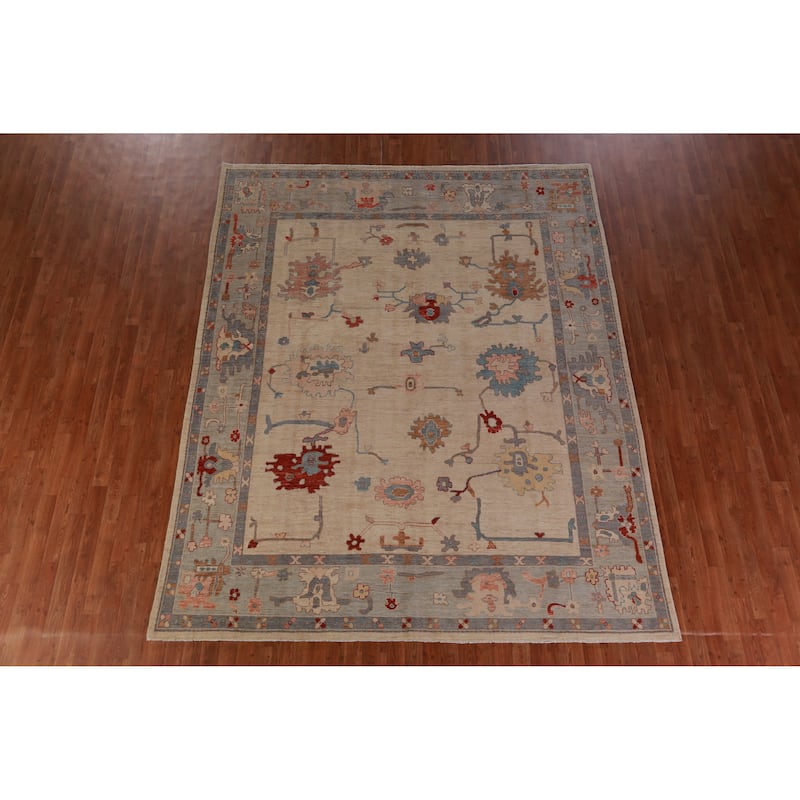 Hand Knotted Oriental 100% Wool Carpet Transitional All-Over Beige & Ivories Oushak Area Rug - 9' 11'' X 8' 2''
