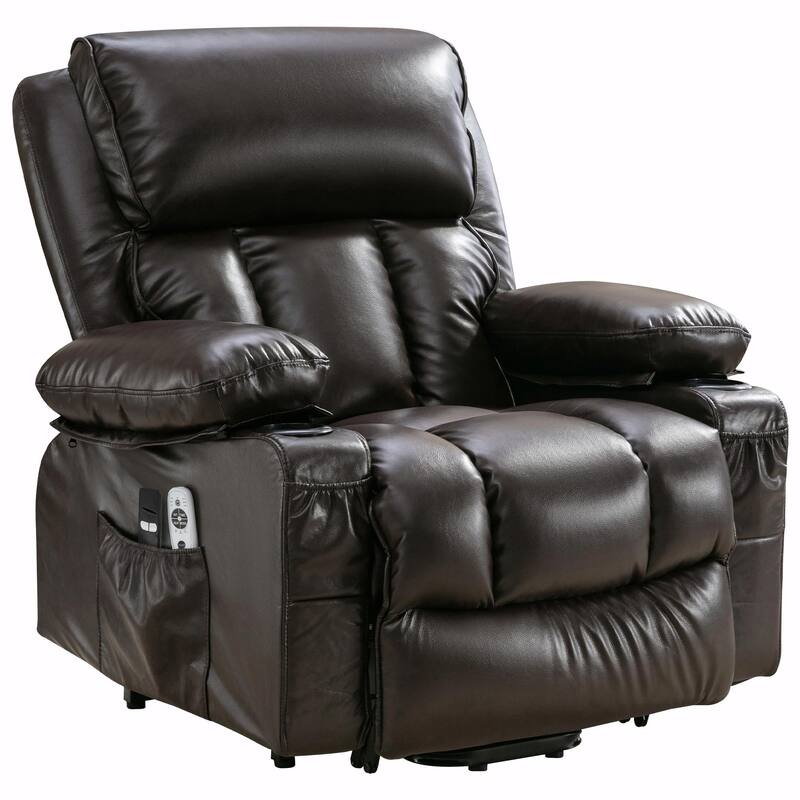 Power Electric Massage Lift Lounge Chair with Heating and Vibration Functions, Fleece Leather with USB - Brown