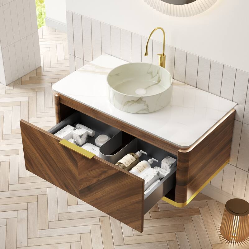 GDFStudio - Dipa Modern 36" Floating Bathroom Vanity with Drawer, Sensor Light & Marble Pattern Ceramic Basin, WITHOUT Faucet - Dark Walnut