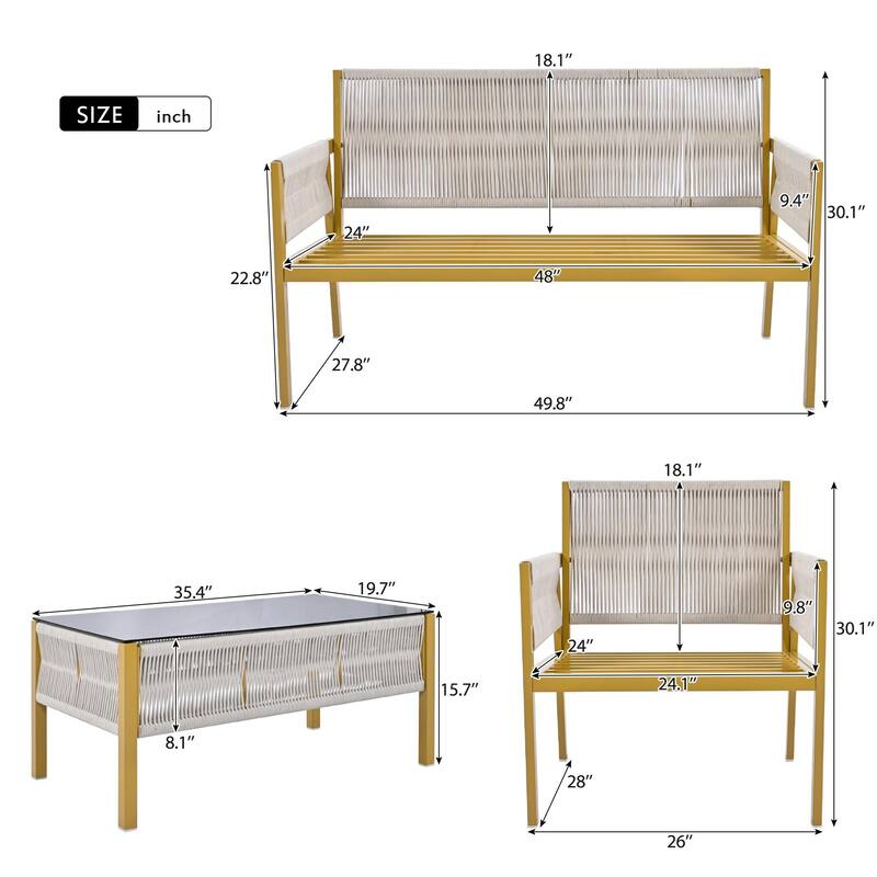 4-Piece Patio Furniture Set, Outdoor Garden Conversation Set with Tempered Glass Table, Deep Seating and Thick Cushion
