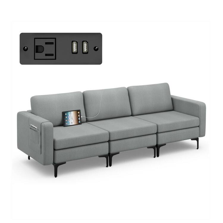 Modern 3-Seat Sofa with Linen Fabric Metal Frame and Detachable Caddy - 94.5" x 32.5" x 32.5"(L x W x H)