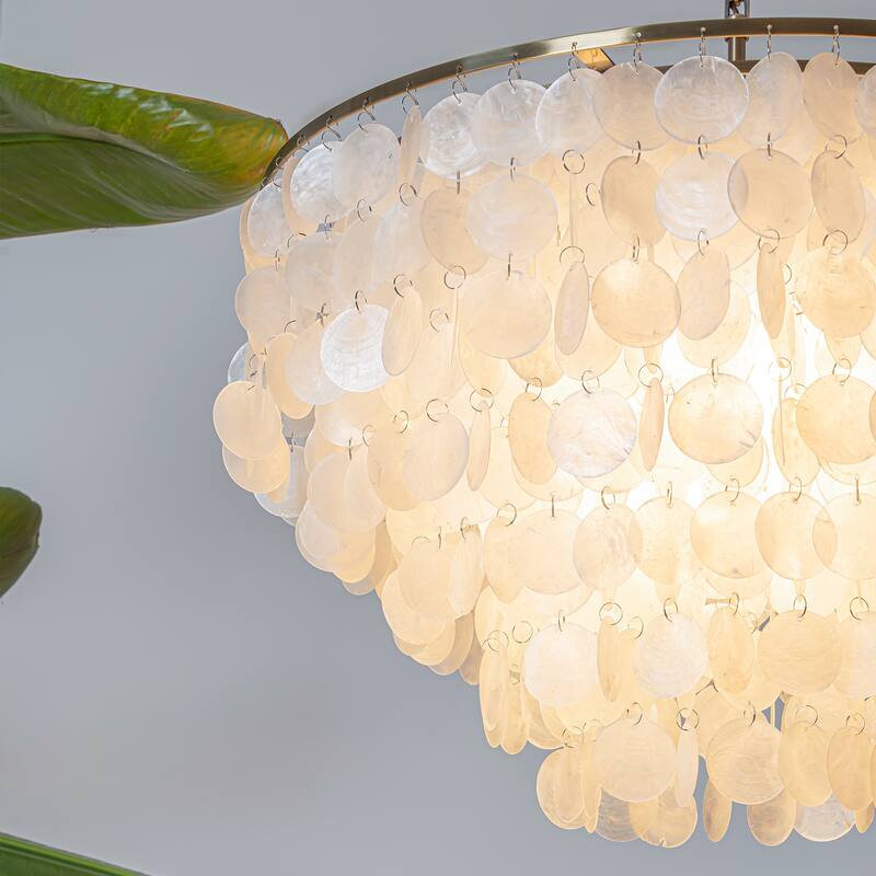 3/6-Lights Unique Tiered Bronze Capiz Chandelier with Seashell Accents