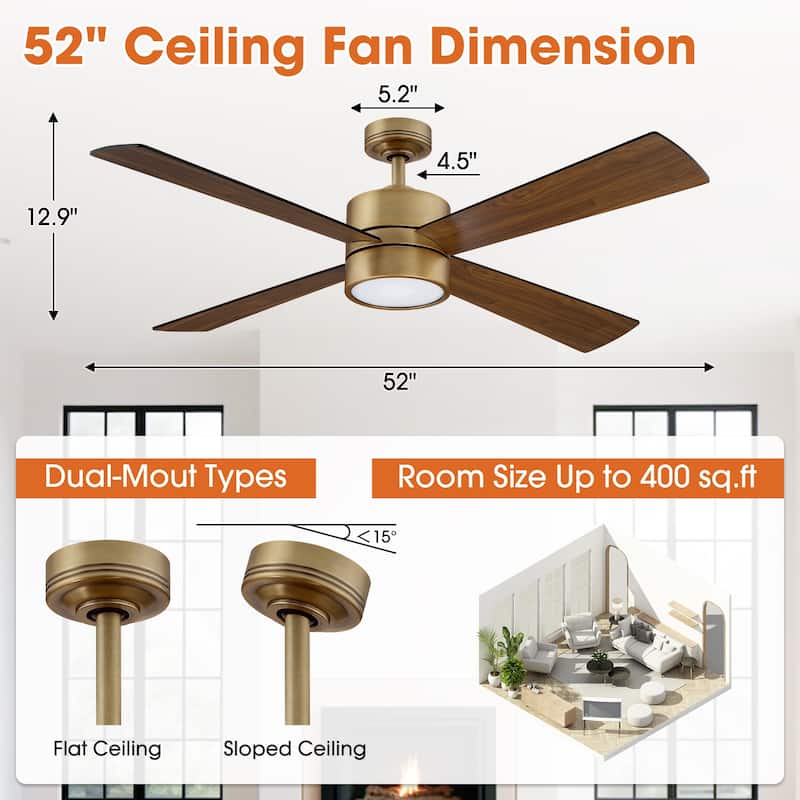 Parrot Uncle 52" Antique Brass Wood 4-Blade Indoor Ceiling Fan with Light and Remote