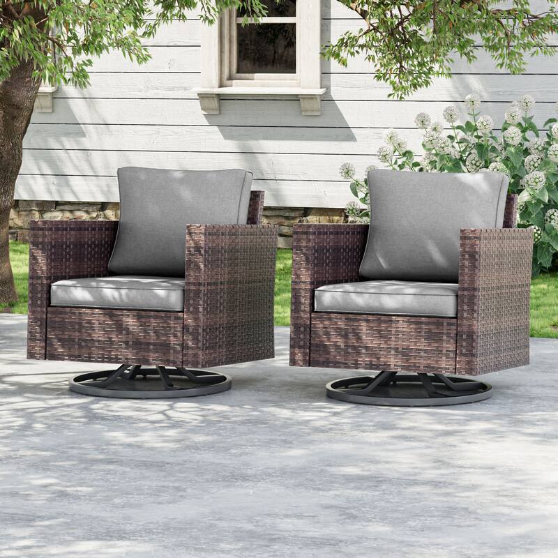 Livoosun Patio Outdoor Furniture Gray Rattan Swiveling Rocker Chairs Set With Thick Cushions - Brown/Gray