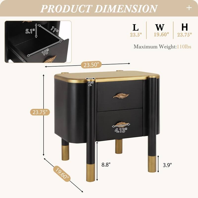 Contemporary Curved 2-Drawer Nightstand with Metal Feather Handles and Exposed Legs