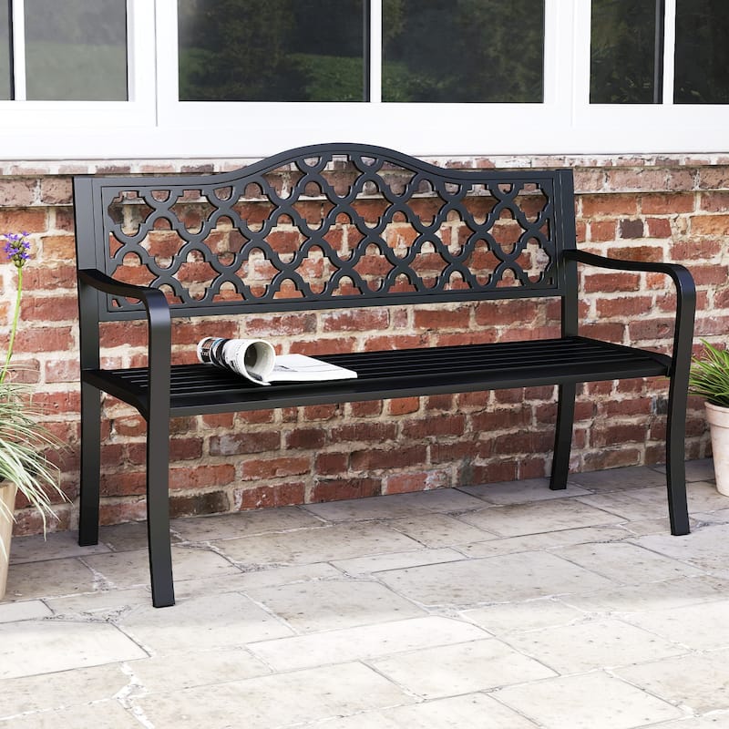 Black Metal Patio Bench with Patterned Backrest, Curved Armrests and Anti-Slip Pads - 21.5" L x 50.5" W x 35" H - Black
