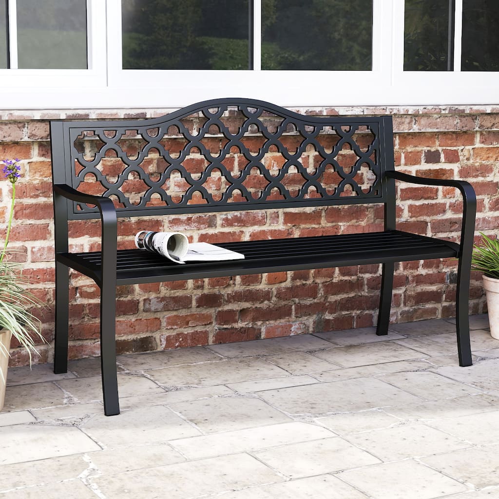 Black Metal Patio Bench with Patterned Backrest, Curved Armrests and Anti-Slip Pads - 21.5" L x 50.5" W x 35" H