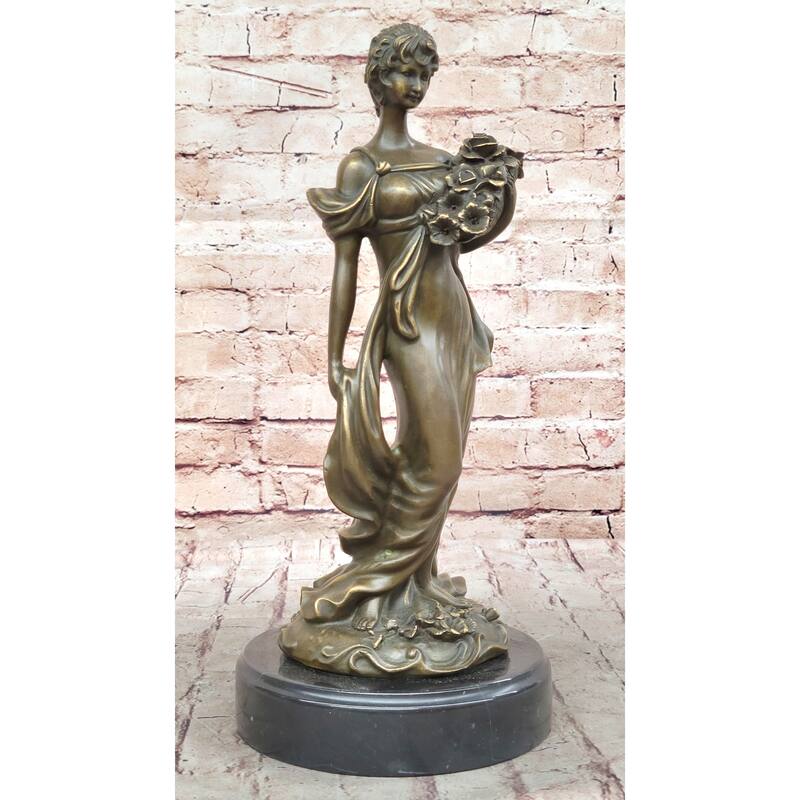 Young Woman Holding Basket Of Flowers - Art Deco Nouveau Bronze Sculpture By Milo